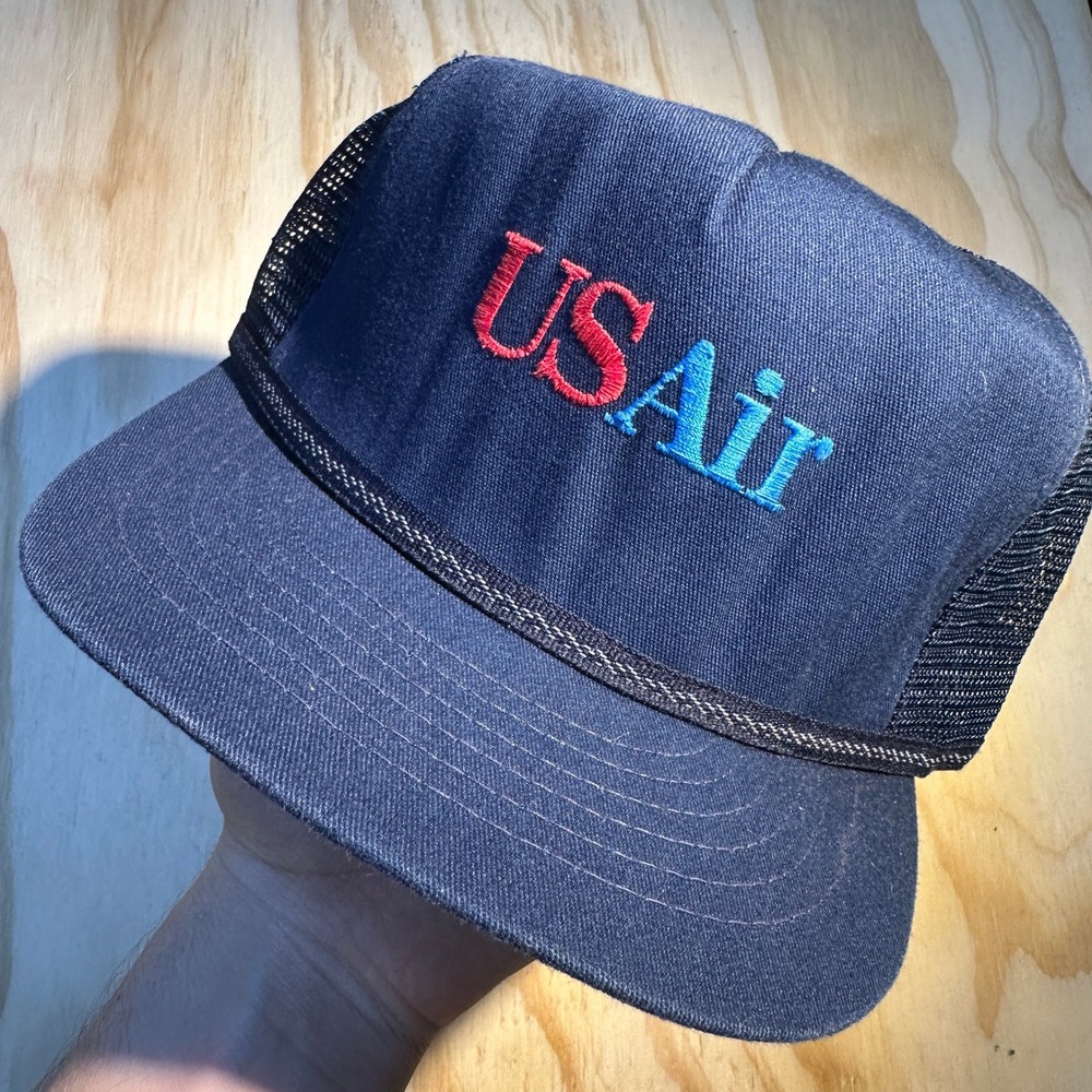 Vintage USAir Airline Navy Blue Mesh Snapback Trucker Hat OSFA Retro Logo Cap